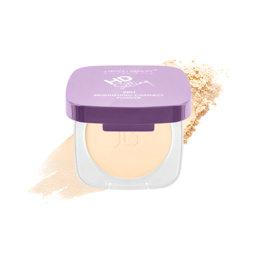 Compact powder with purple lid on a white background