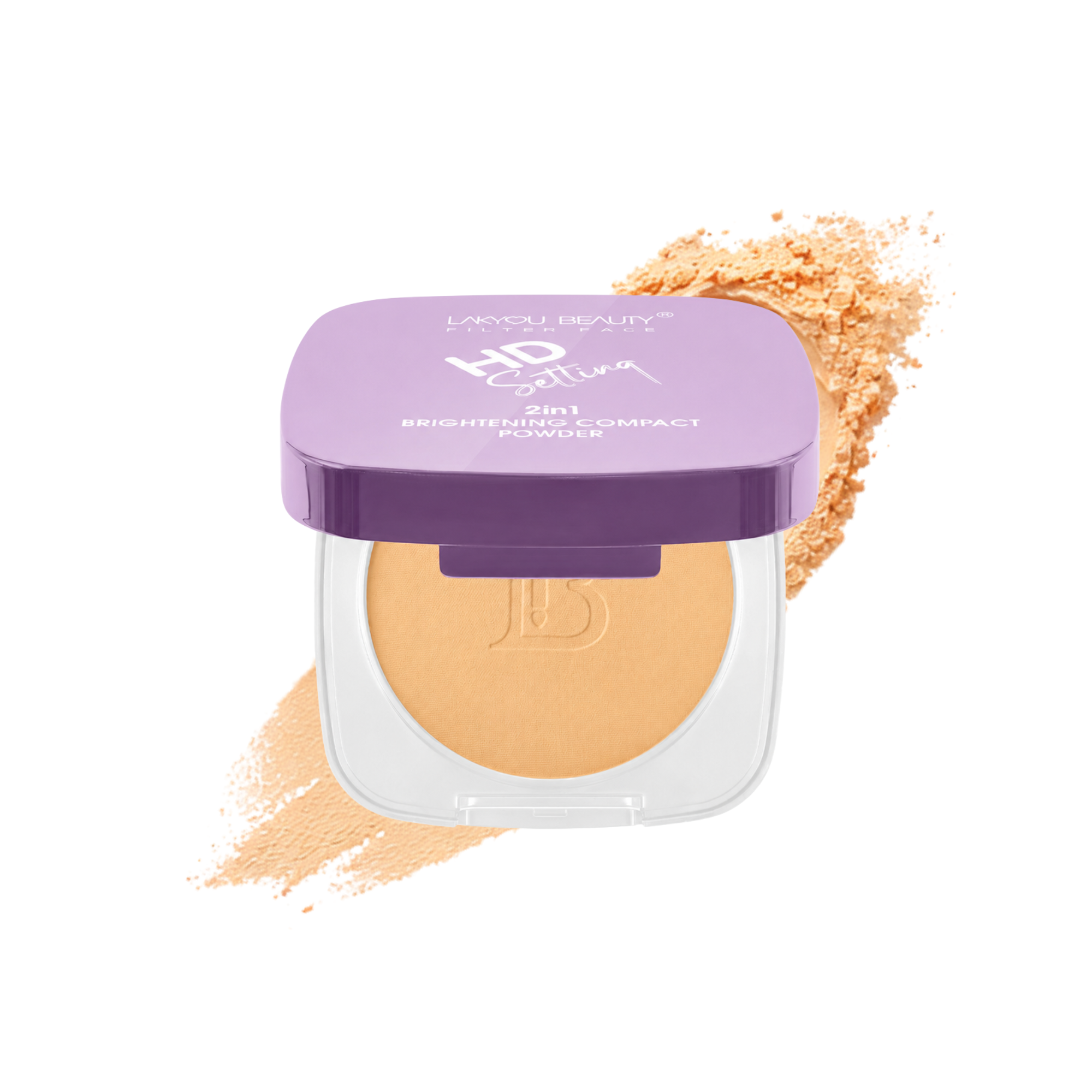 Makeup compact with a purple lid on a white background