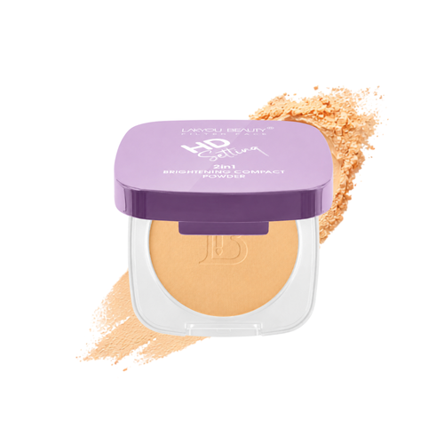 Makeup compact with a purple lid on a white background