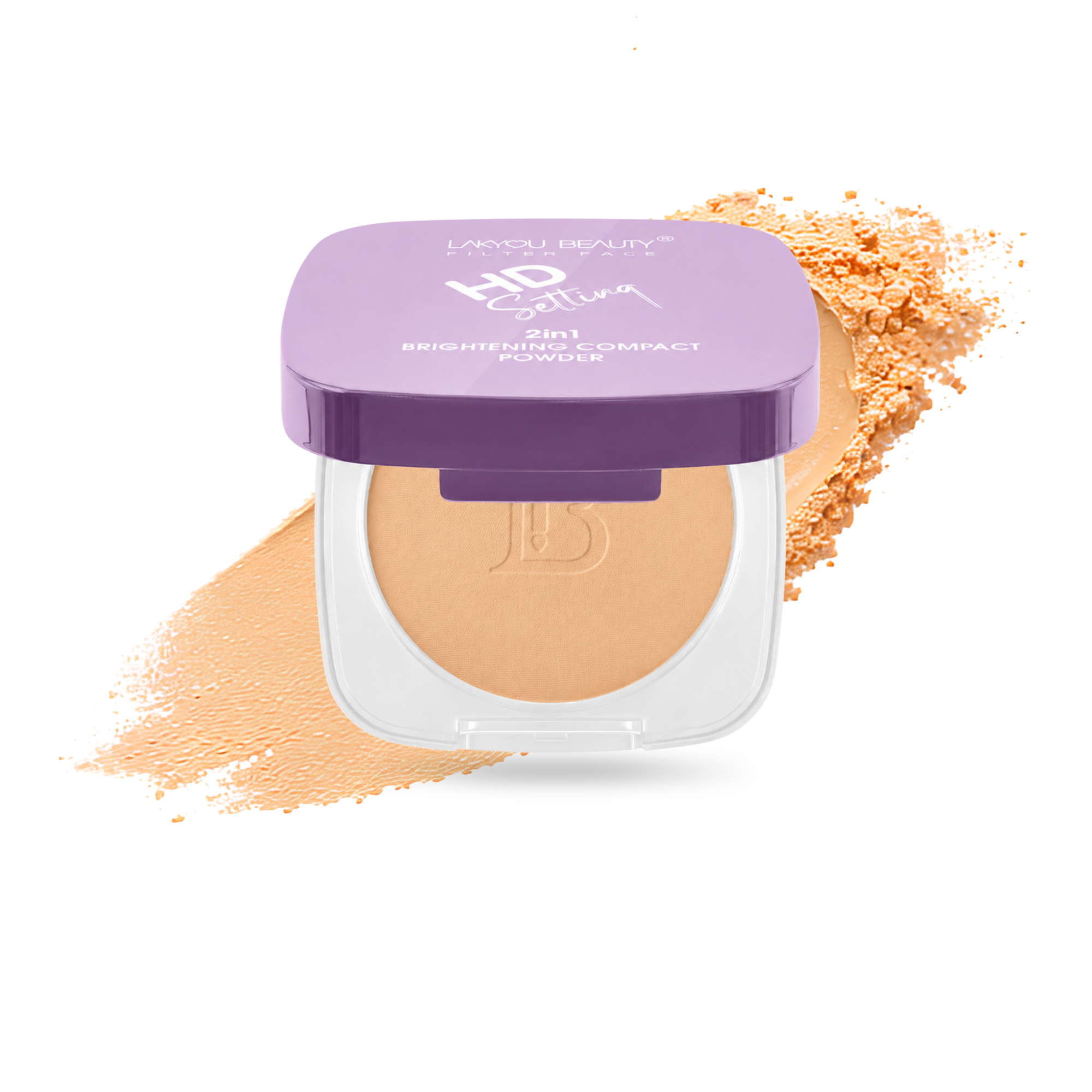 Compact powder with purple lid on a white background