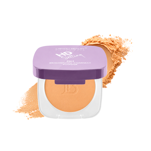 Compact powder with purple lid and visible brand logo on a white background