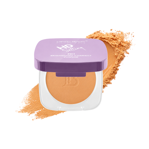 Compact powder with purple lid and visible brand logo on a white background