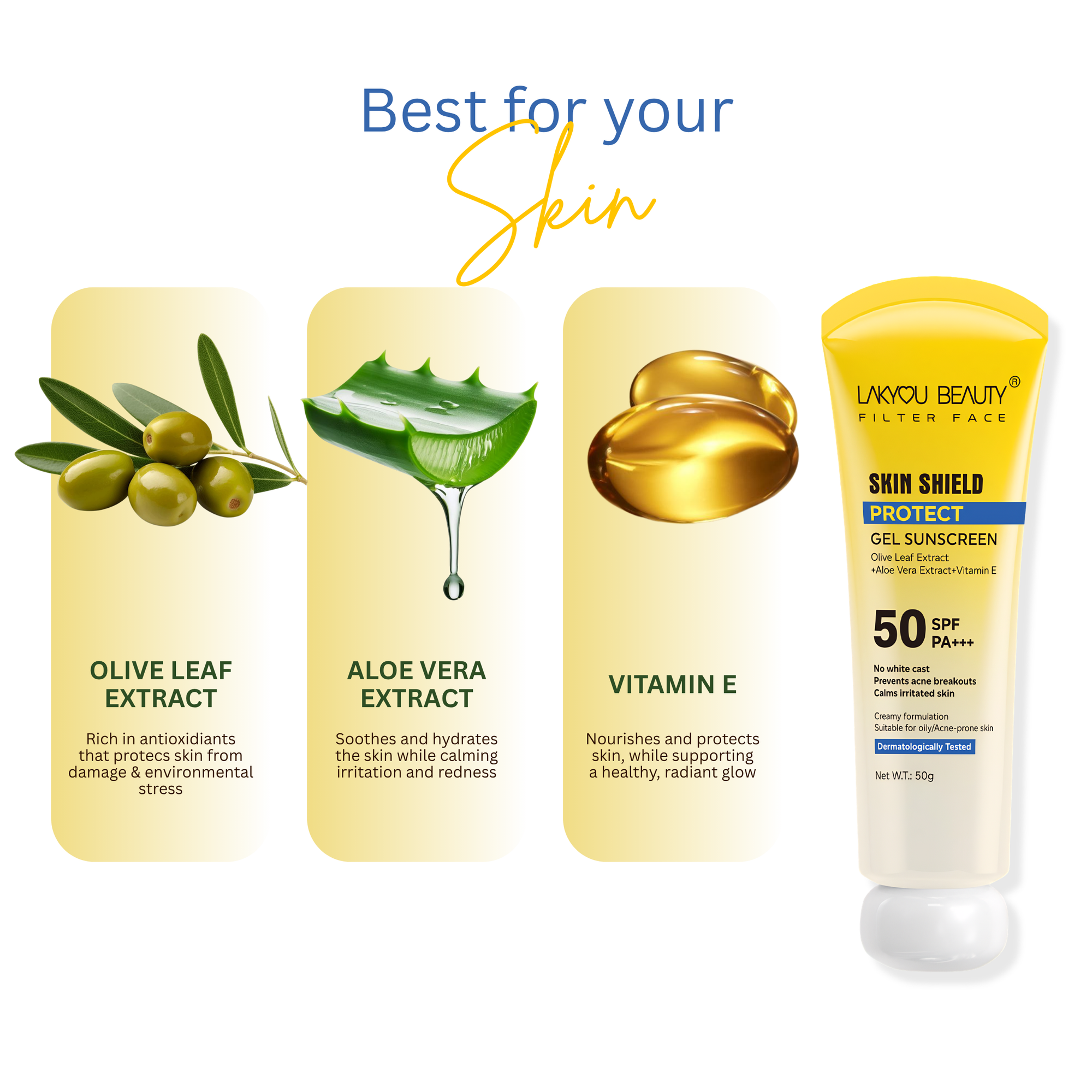 Lakyou Beauty - Skin Shield Sunscreen SPF 50 PA+++ | Olive Leaf, Aloe Vera & Vitamin E