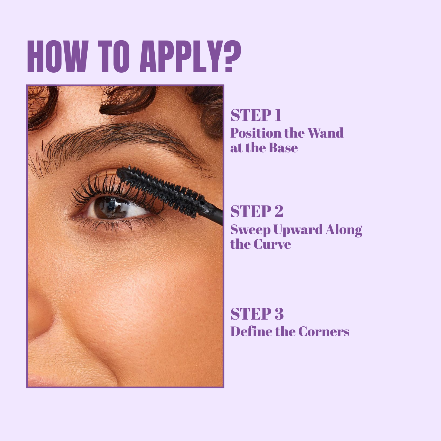 Instructions on how to apply mascara with a close-up of an eye and mascara wand.