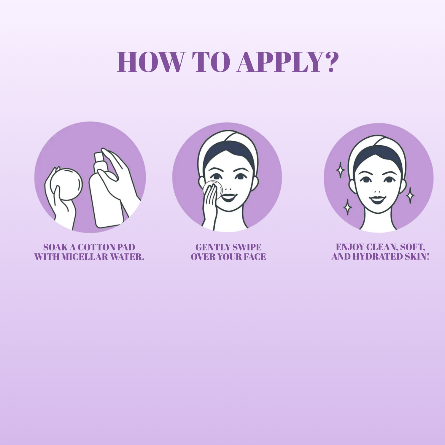 Step-by-step guide on how to apply a skincare product with illustrations and text on a purple background.