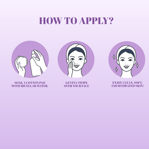 Step-by-step guide on how to apply a skincare product with illustrations and text on a purple background.