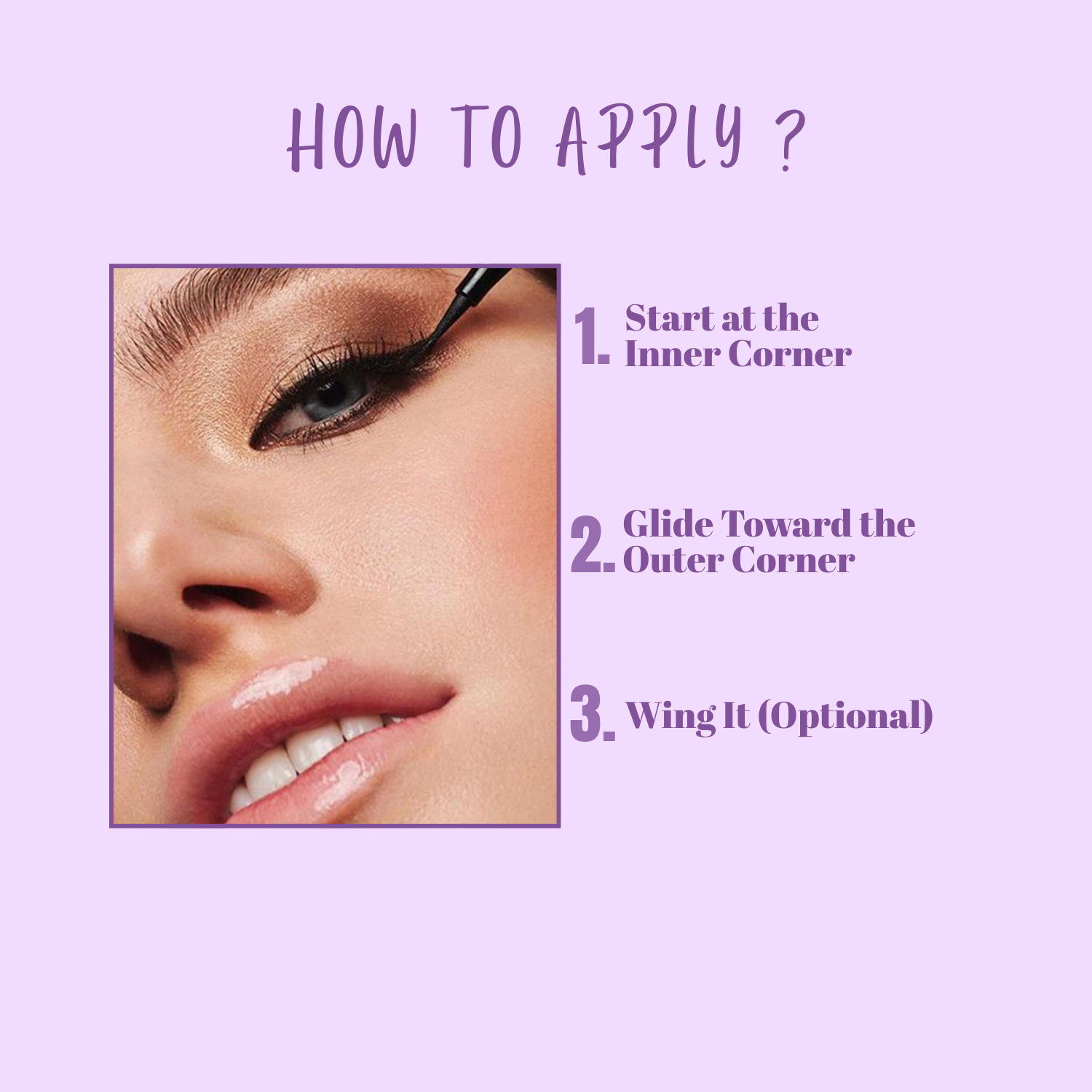 Instructions on how to apply eyeliner with a close-up of a person's eye.