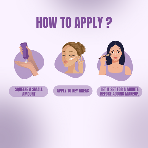 Instructions on how to apply a product with illustrations and text on a purple background