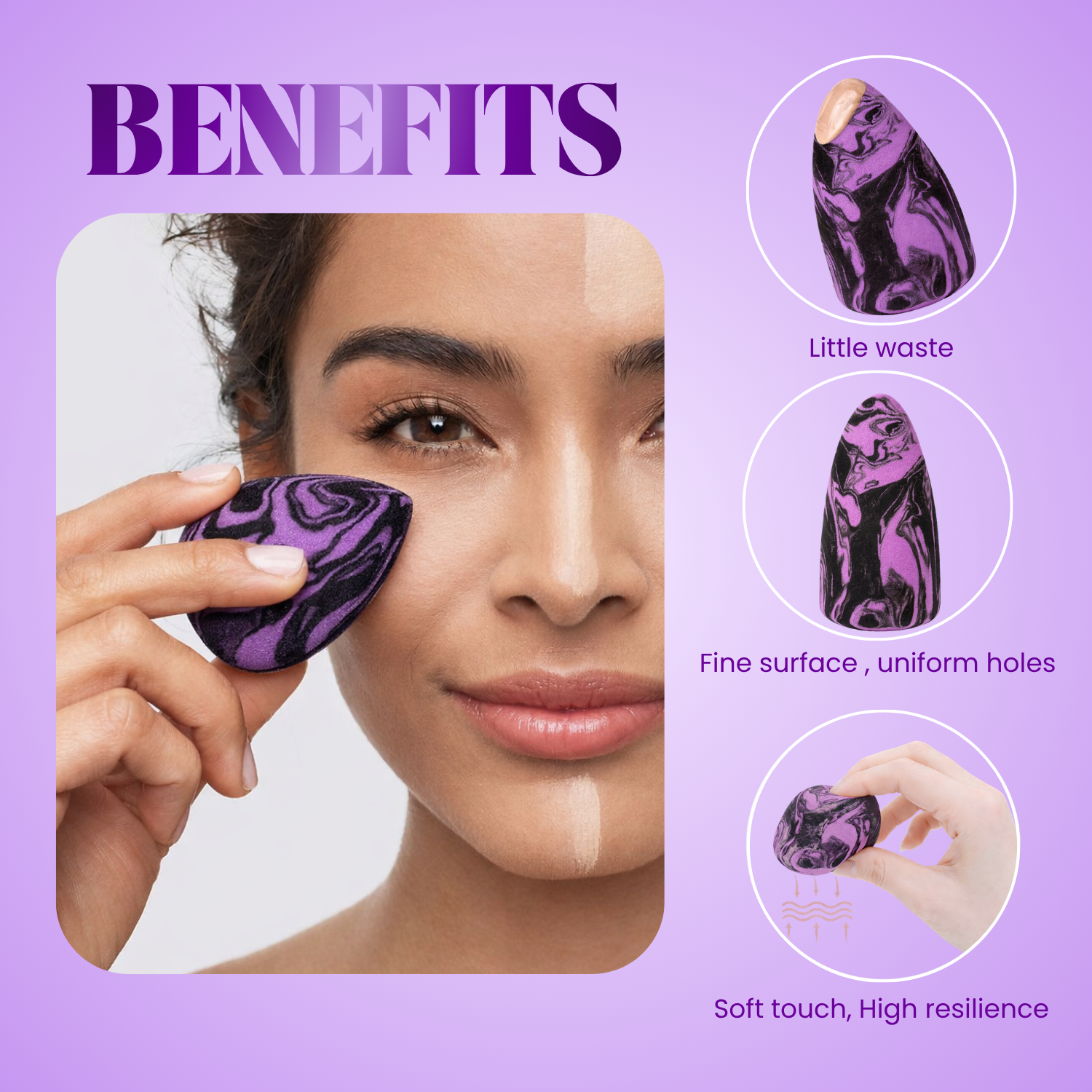 Person using a purple skin care tool with benefits listed on a purple background