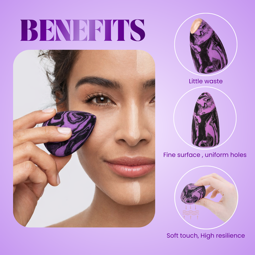 Person using a purple skin care tool with benefits listed on a purple background