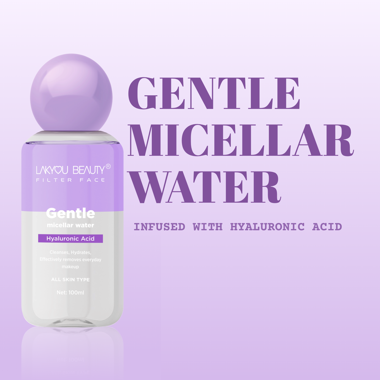 Lavender bottle of gentle micellar water with text on a light purple background