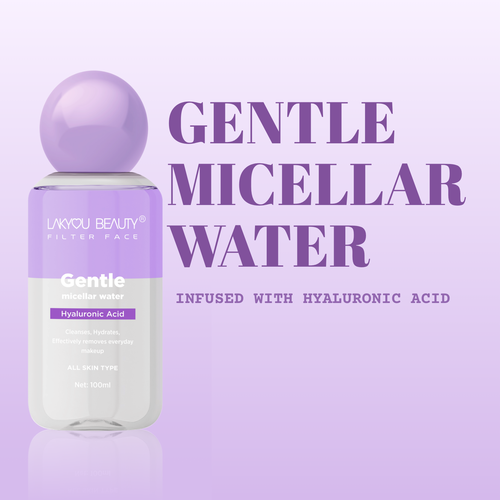 Lavender bottle of gentle micellar water with text on a light purple background