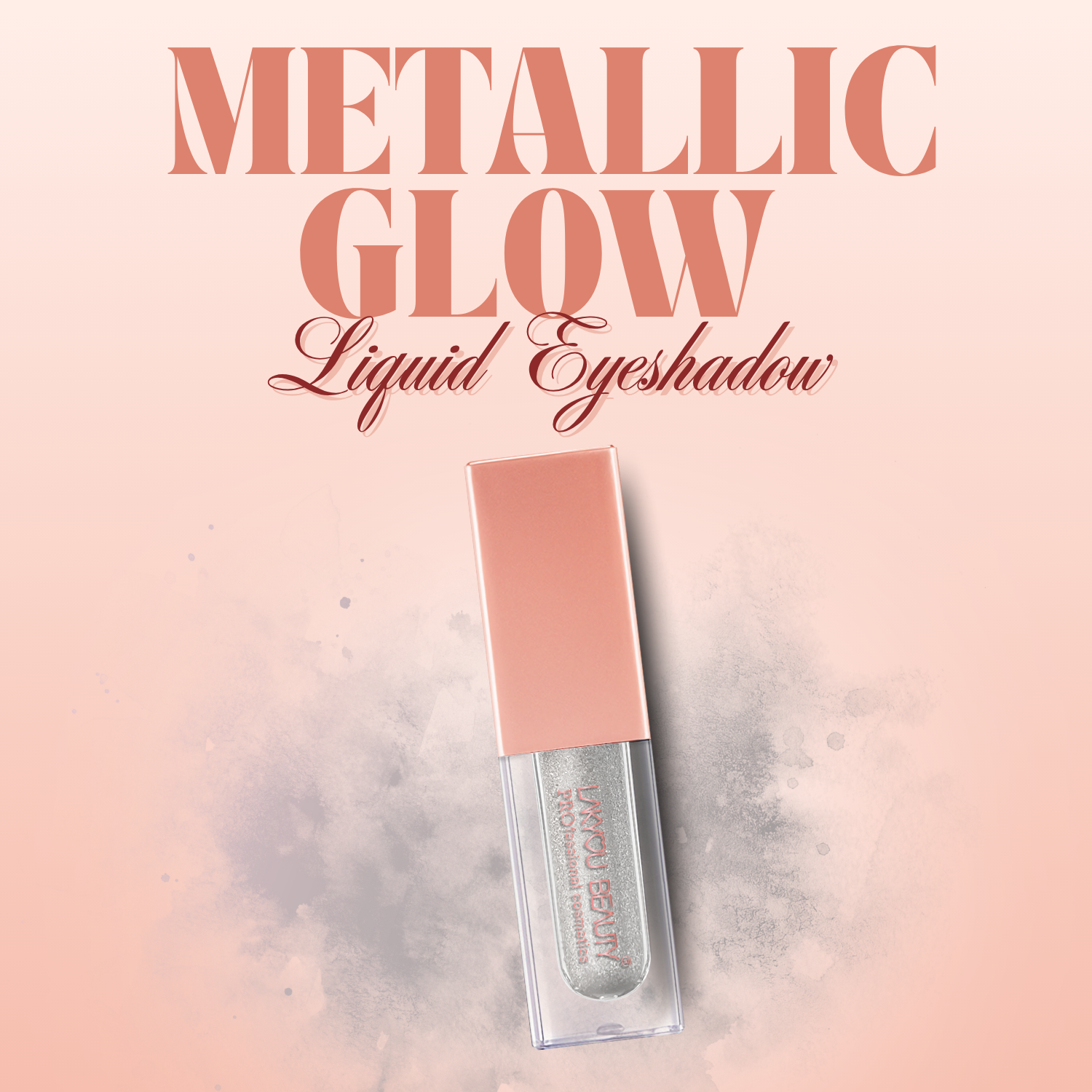 Metallic glow liquid eyeshadow with pink packaging on a soft pink background
