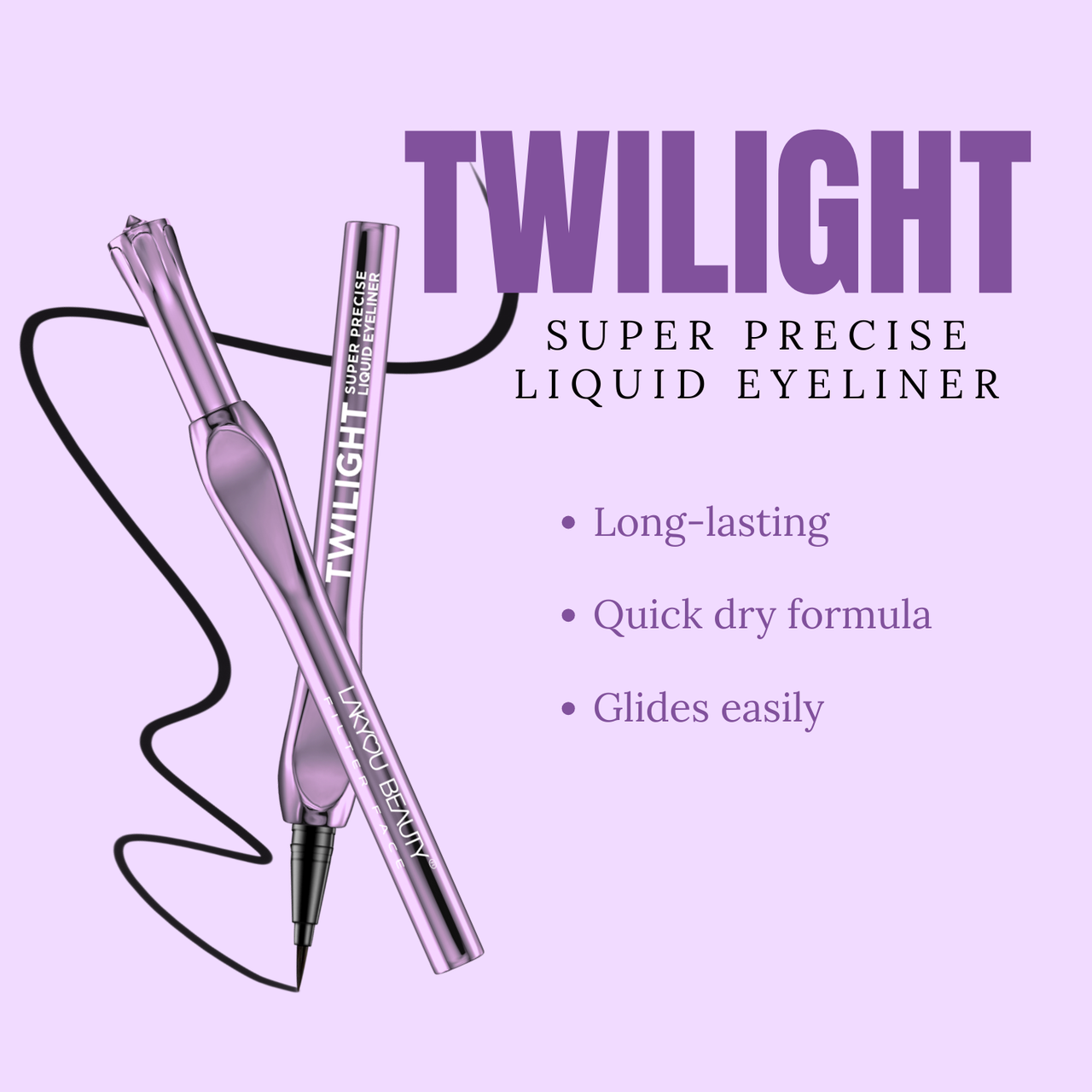 Twilight super precise liquid eyeliner with product name and features on a purple background