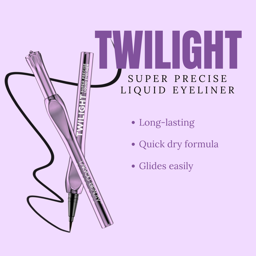 Twilight super precise liquid eyeliner with product name and features on a purple background