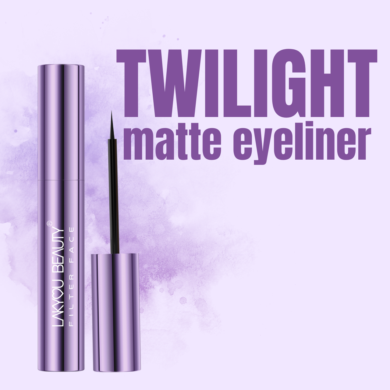 Lakyou Beauty Twilight matte eyeliner with purple packaging on a matching background