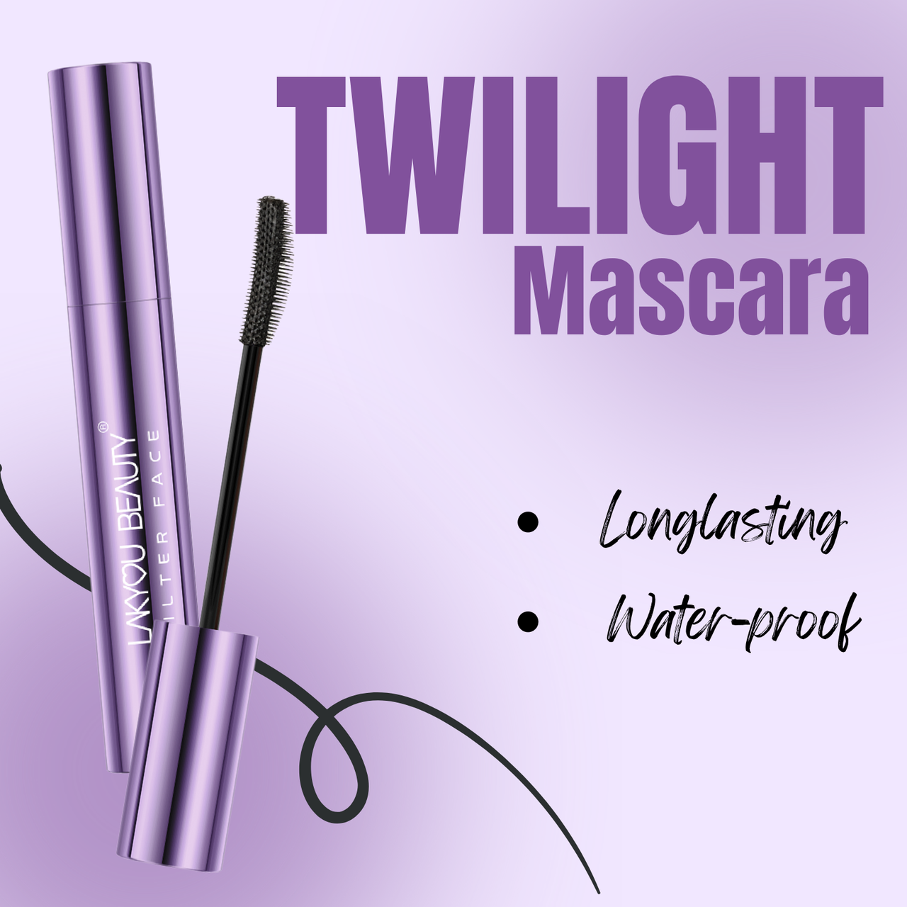 Twilight mascara with purple packaging and text on a light purple background
