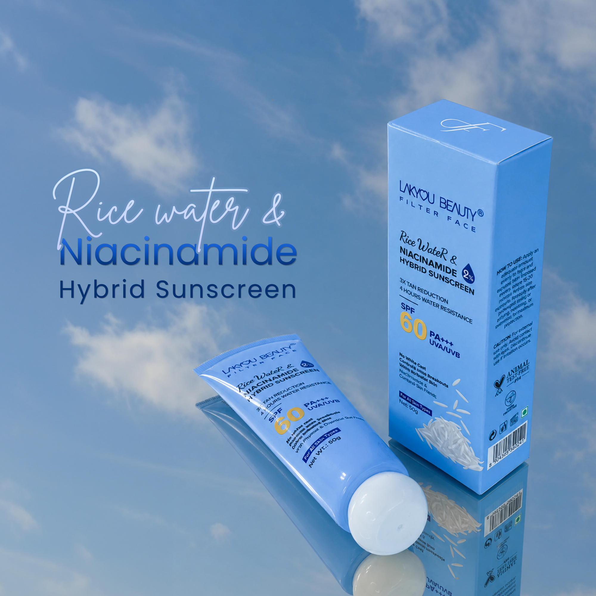 Lakyou Beauty  Rice Water Sunscreen SPF 60 PA+++ | 2% Niacinamide & Hyorid sunscreen