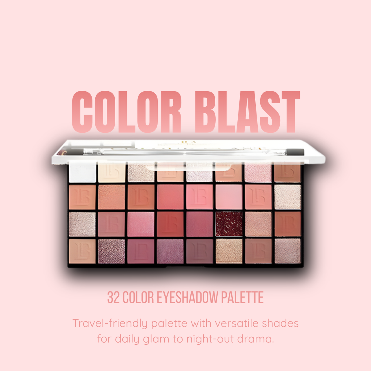 Makeup eyeshadow palette with 'Color Blast' branding on a pink background