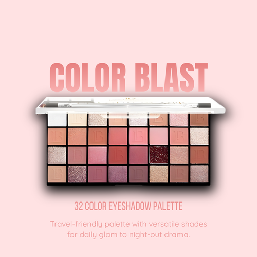 Makeup eyeshadow palette with 'Color Blast' branding on a pink background