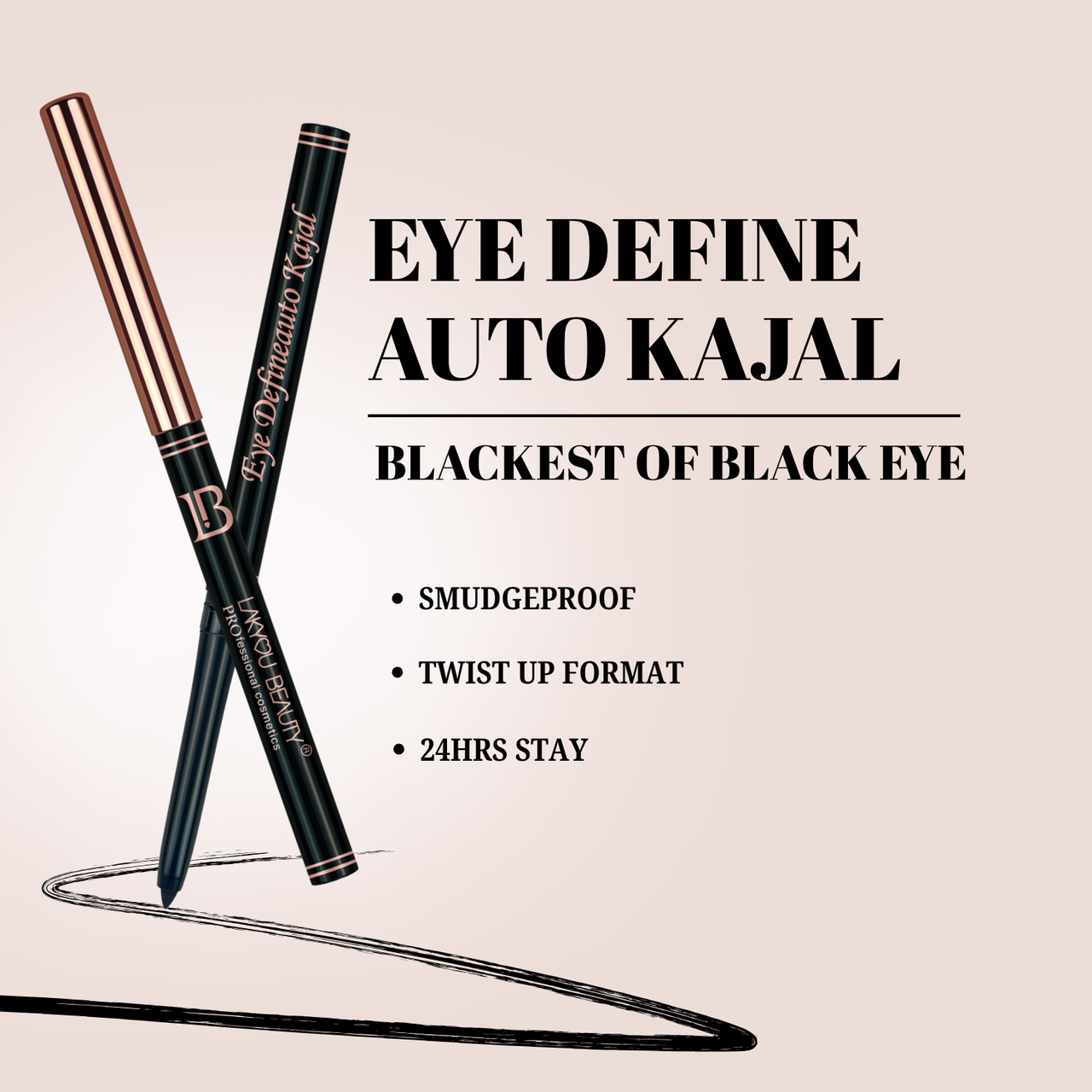 Two black kajal pencils with text on a beige background