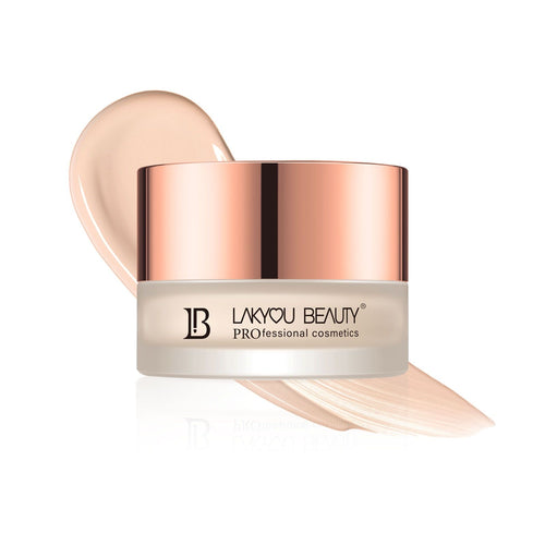 Cosmetic container with rose gold lid and beige cream, featuring 'Lakyou Beauty' branding.