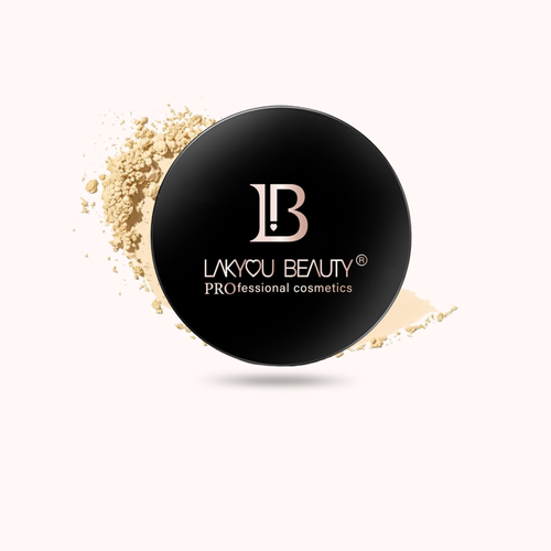 A round black compact lid with the brand name 'LAKYOU BEAUTY' and 'PROFESSIONAL cosmetics' printed in white, surrounded by a light beige powder smear on a pale pink background.