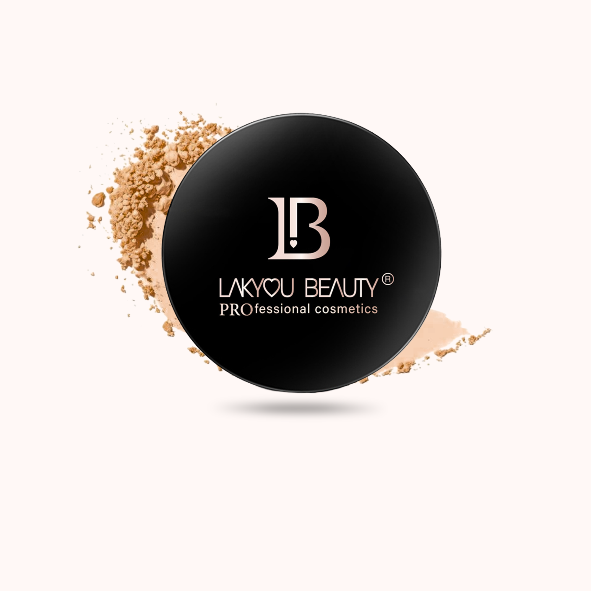 A black circular compact lid with the brand name 'LAKYOU BEAUTY' and 'PROFESSIONAL cosmetics' printed in white, surrounded by a light beige powder swatch on a pale pink background.