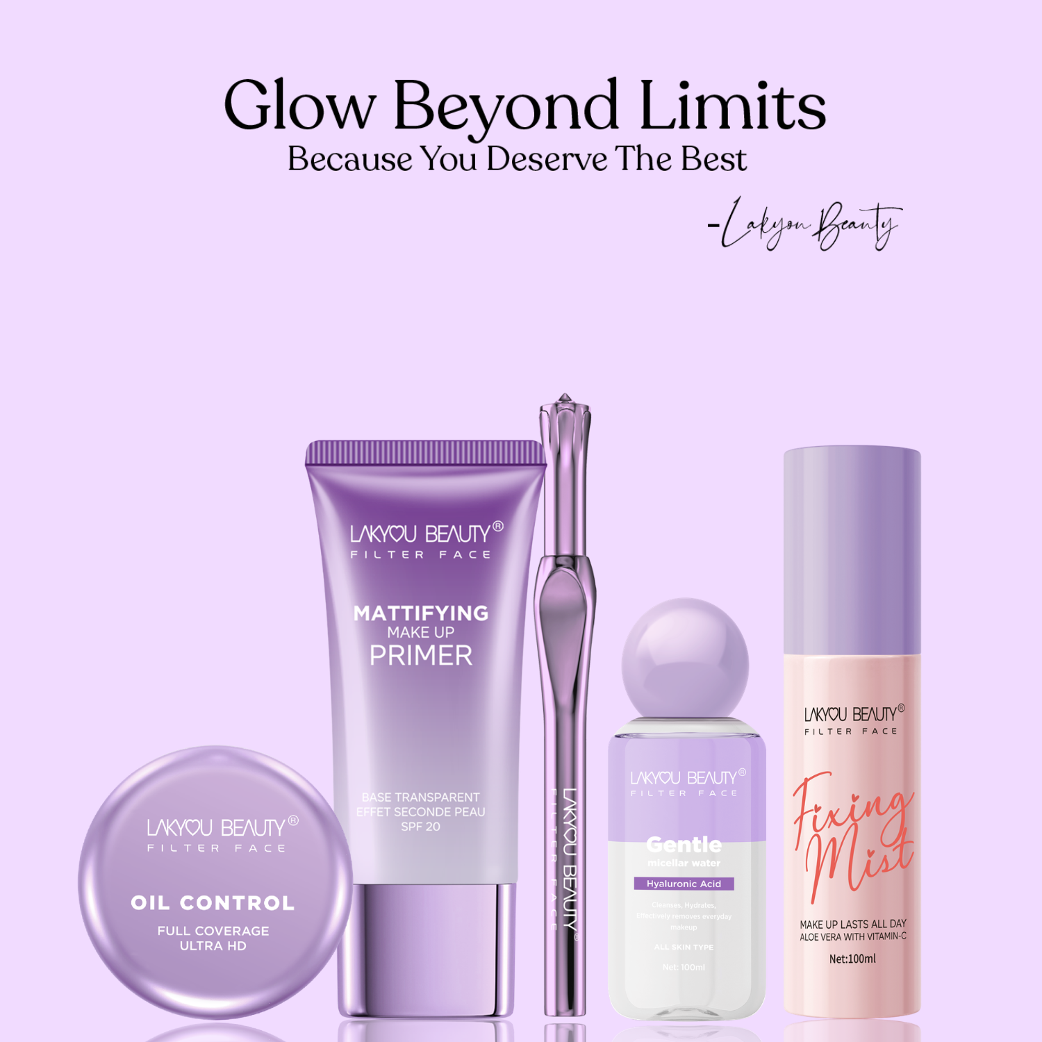 Lakyou Beauty skincare products on a light purple background with text 'Glow Beyond Limits'.