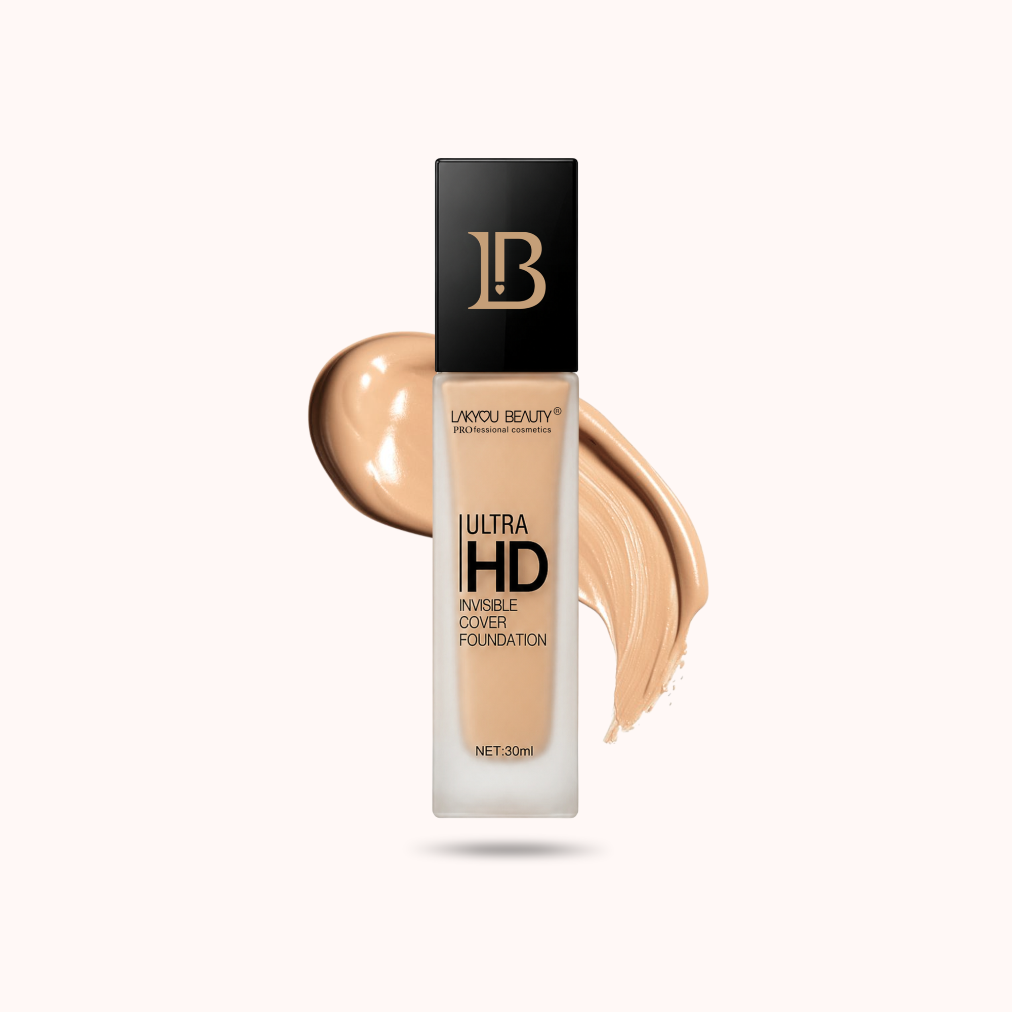 A 30ml bottle of Lakyou BEAUTY Ultra HD Invisible Cover Foundation, shown with a beige makeup smear behind it on a light cream background.