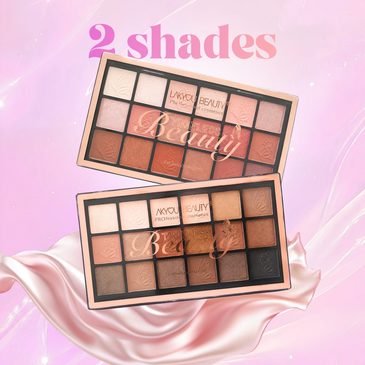 Makeup palette with '2 shades' text on a pink background