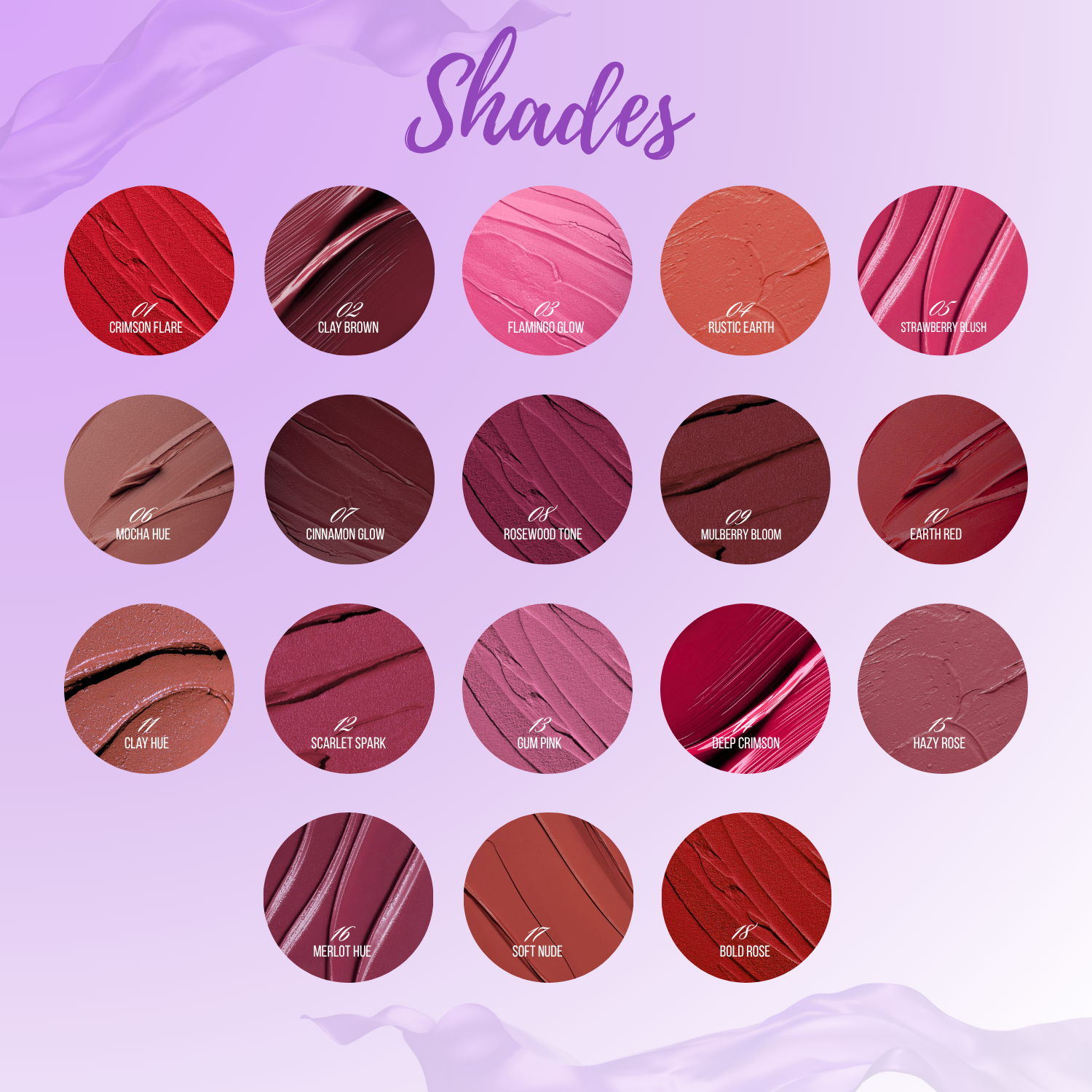 Collection of lipstick shades with names on a pink background