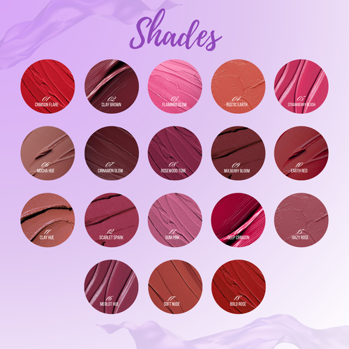 Collection of lipstick shades with names on a pink background