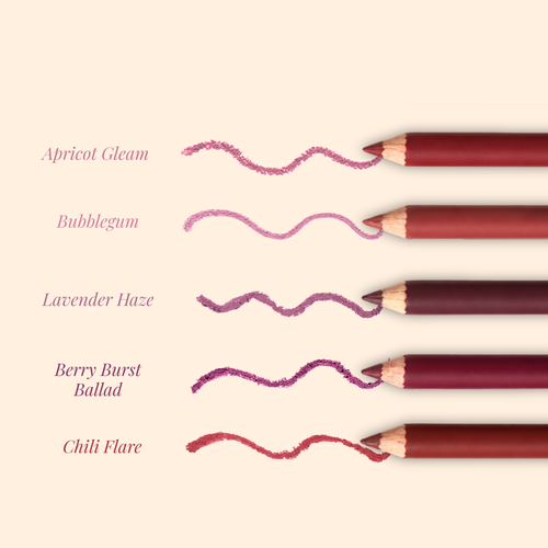 Five lip liner pencil shades shown with labeled swatches on a pale beige background: Apricot Gleam, Bubblegum, Lavender Haze, Berry Burst Ballad, and Chili Flare. Each pencil is positioned horizontally with a textured color swatch drawn from the tip.