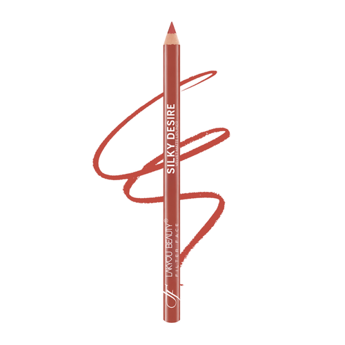 A red makeup lip liner pencil with white text reading 'SILKY DESIRE' and 'UNIQUE BEAUTY PARIS', shown on a white background with a red makeup swatch behind it.