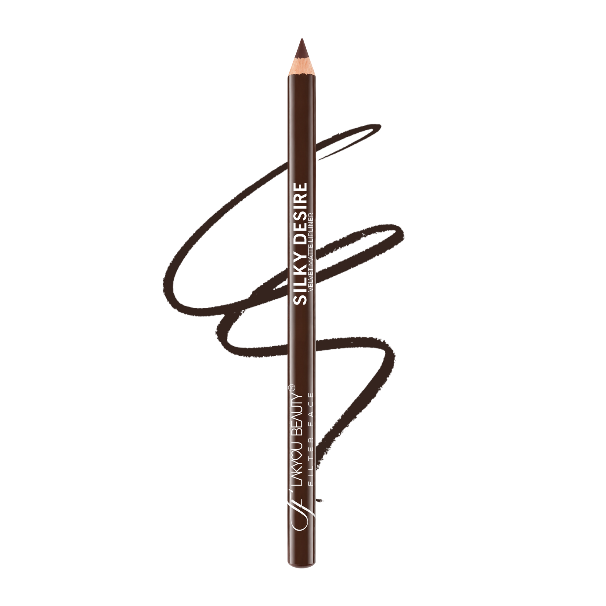 A brown makeup pencil with a dark brown swatch scribble behind it, on a plain white background. The pencil is labeled 'SILKY DESIRE' and 'LAKYOU BEAUTY'.