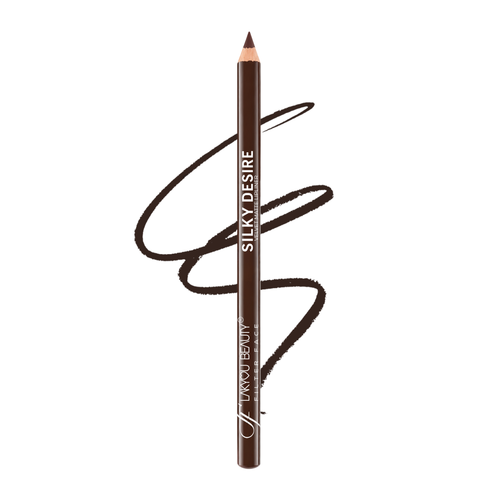 A brown makeup pencil with a dark brown swatch scribble behind it, on a plain white background. The pencil is labeled 'SILKY DESIRE' and 'LAKYOU BEAUTY'.
