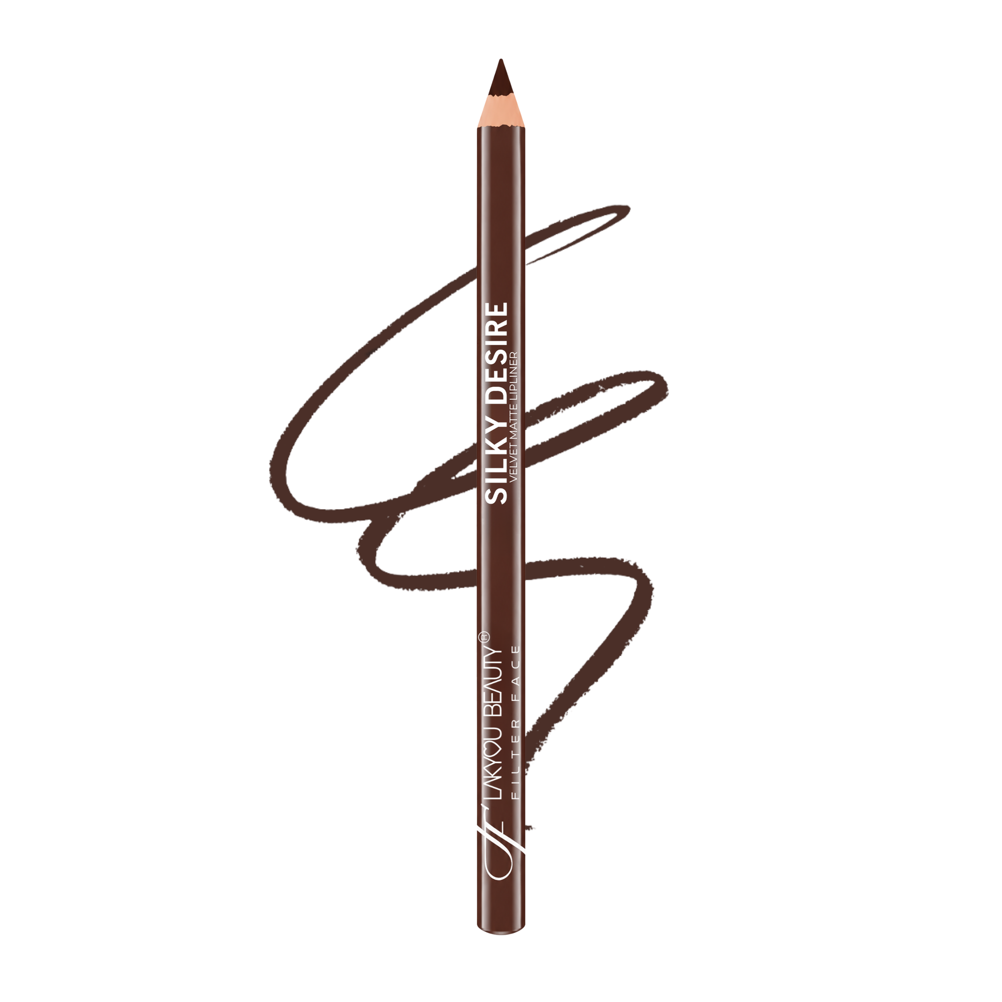 A brown makeup pencil with a swirled brown line behind it, on a plain white background. The pencil is labeled 'SILKY DESIRE' and 'LAKYOU Beauty'.