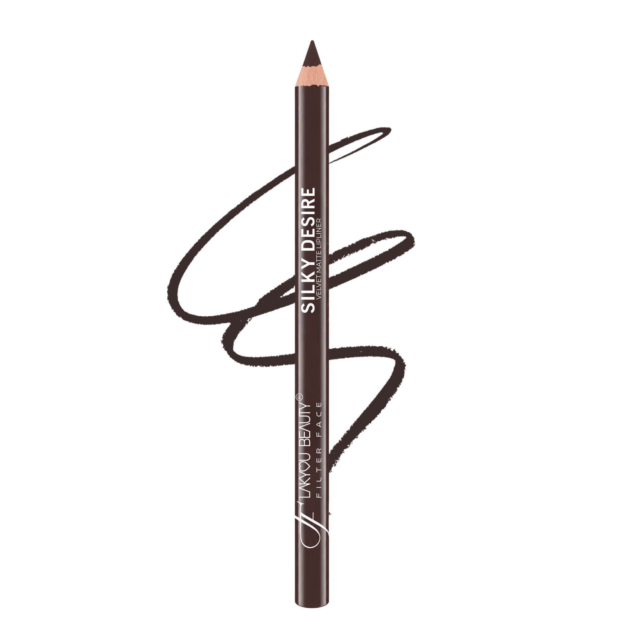 A single dark brown makeup pencil with white text reading 'SILKY DESIRE' and 'LAKYOU BEAUTY' on a plain white background, with a black makeup swatch drawn behind it.