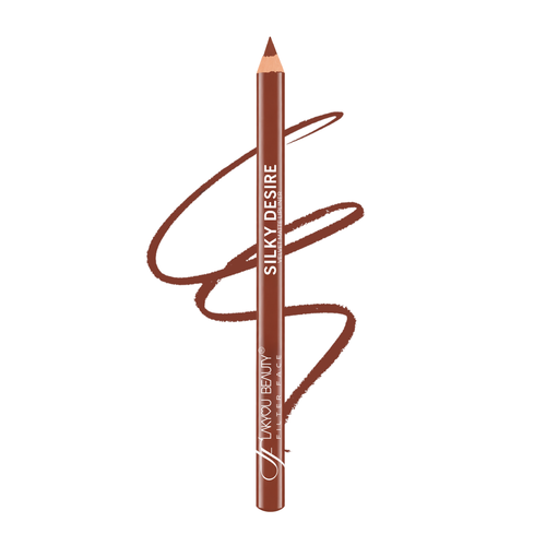 A brown makeup pencil with the text 'SILKY DESIRE' and 'LAKYOU BEAUTY PARIS' printed vertically on its barrel, shown against a plain white background with a matching brown cosmetic swatch scribble behind it.