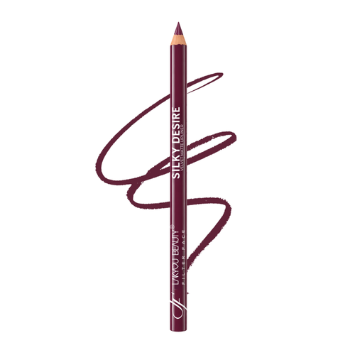 A single makeup lip liner pencil in a deep berry brown shade, shown vertically with a matching brown swatch scribble behind it on a plain white background. The pencil features white text reading 'SILKY DESIRE' and 'LAKYOU BEAUTY'.
