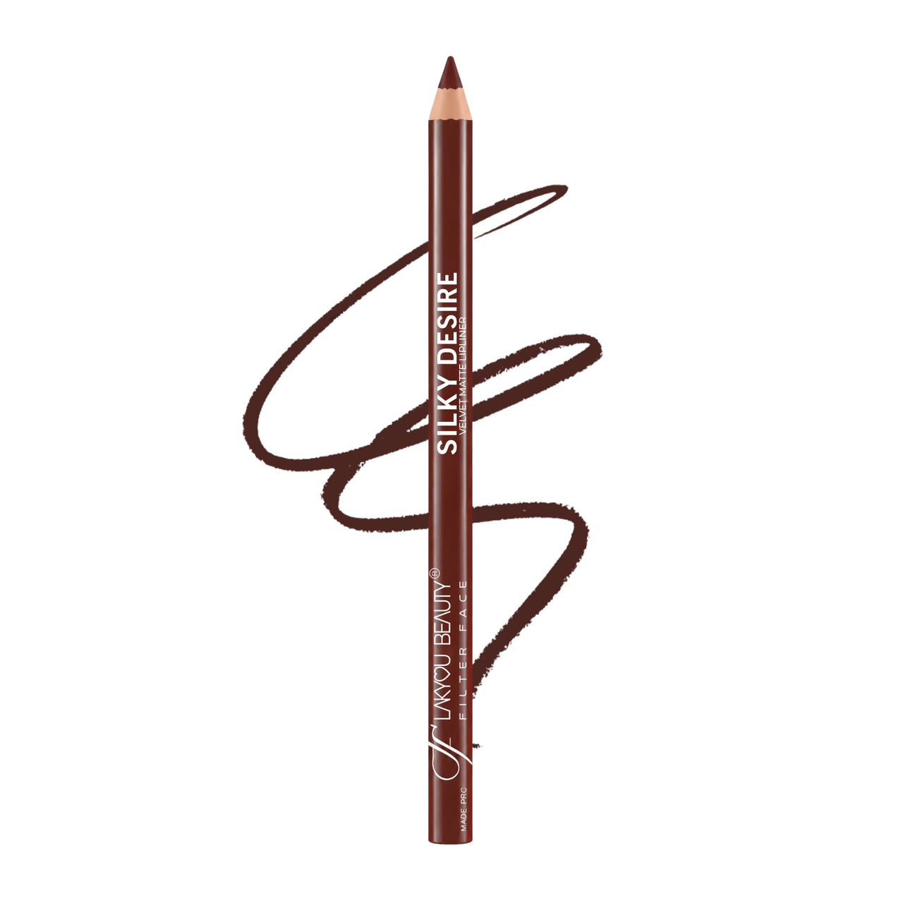 A single brown makeup pencil with the text 'SILKY DESIRE' and 'Lakyou BEAUTY PARIS' printed on it, shown vertically against a plain white background with a matching brown swirled line behind it.