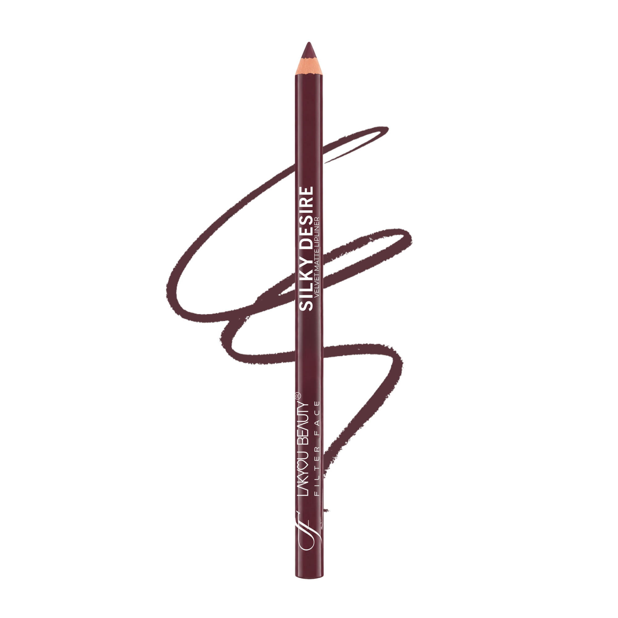 A single makeup lip liner pencil in a deep berry brown shade, shown vertically with a matching brown swatch scribble behind it on a plain white background. The pencil features white text reading 'SILKY DESIRE' and 'LAKYOU  BEAUTY'.