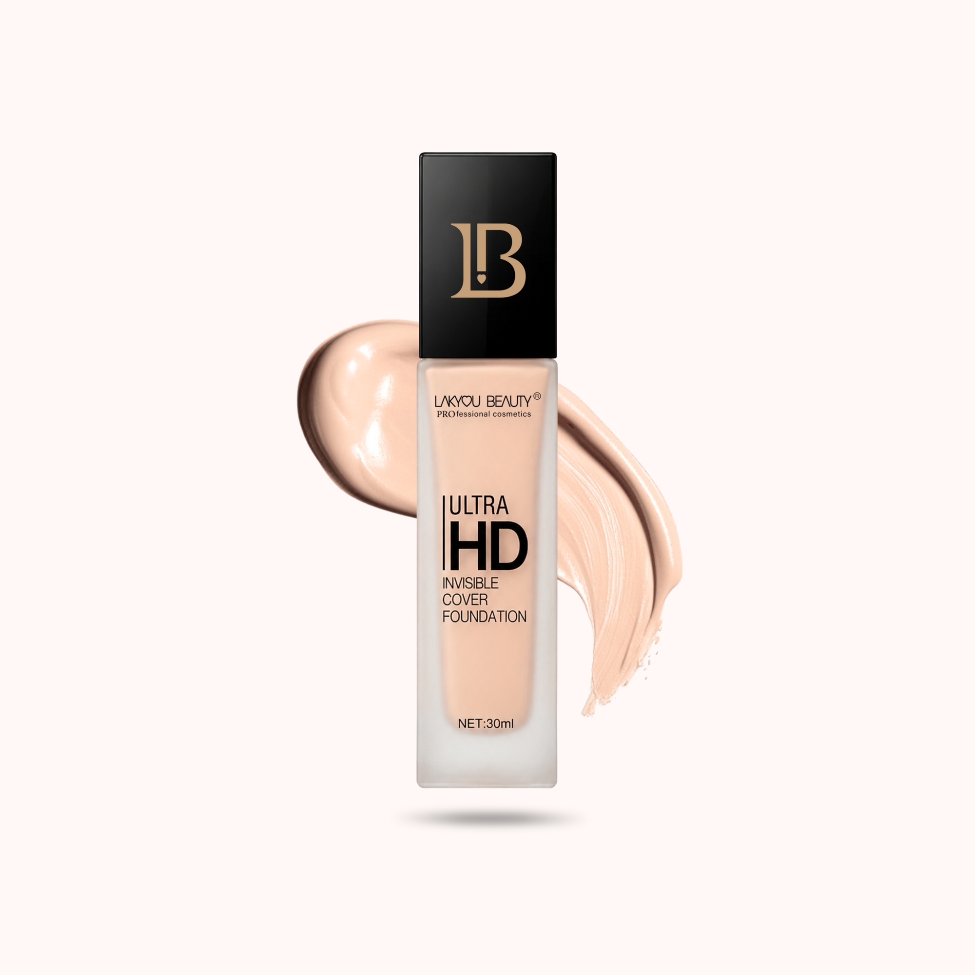 A 30ml bottle of Lakyou Beauty Ultra HD Invisible Cover Foundation, featuring a black cap with a gold monogram logo and a beige liquid smear behind it on a pale pink background.