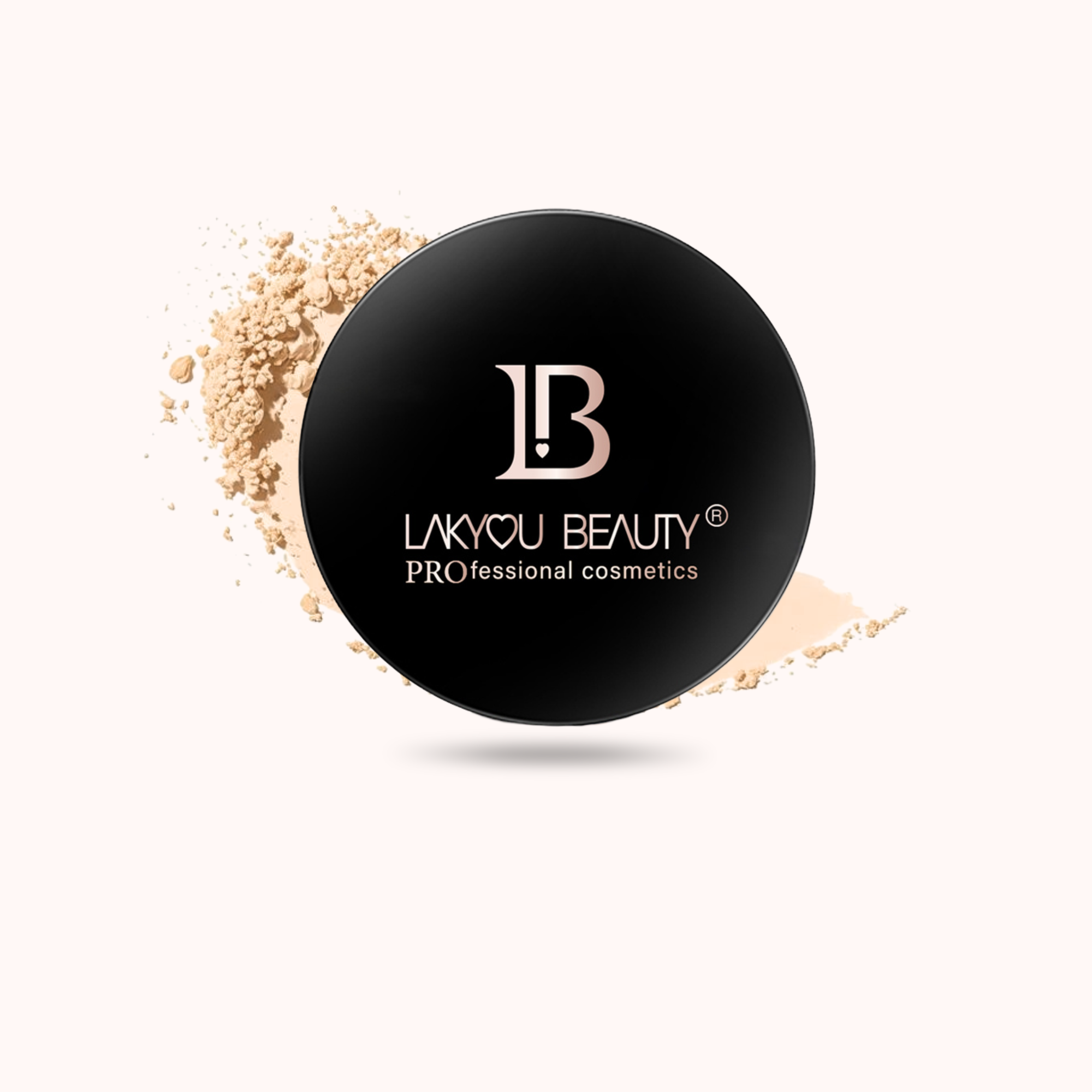 A black circular compact lid with the brand name 'LAKYOU BEAUTY' and 'PROFESSIONAL cosmetics' printed in white, surrounded by a light beige powder smear on a pale pink background.