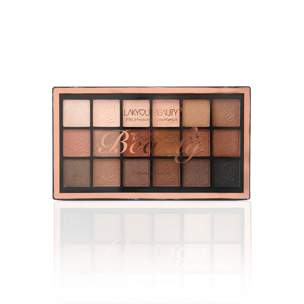 Makeup palette with various shades of eyeshadows on a white background