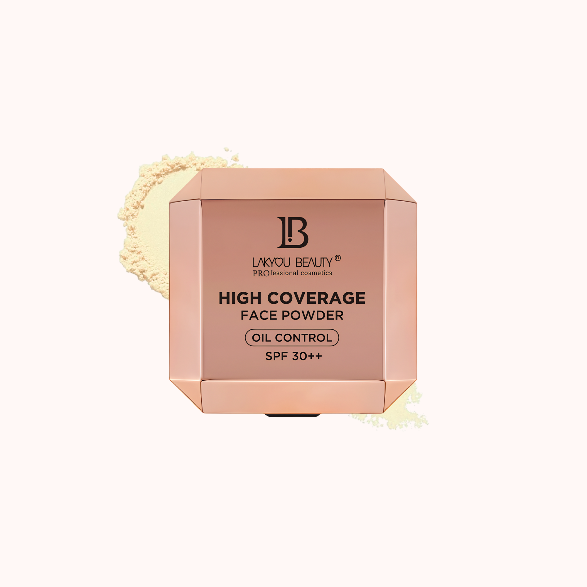 A square compact-style box of Lakyou Beauty High Coverage Face Powder in a warm peach-pink shade, shown on a very light cream background with a small powder smear behind it.