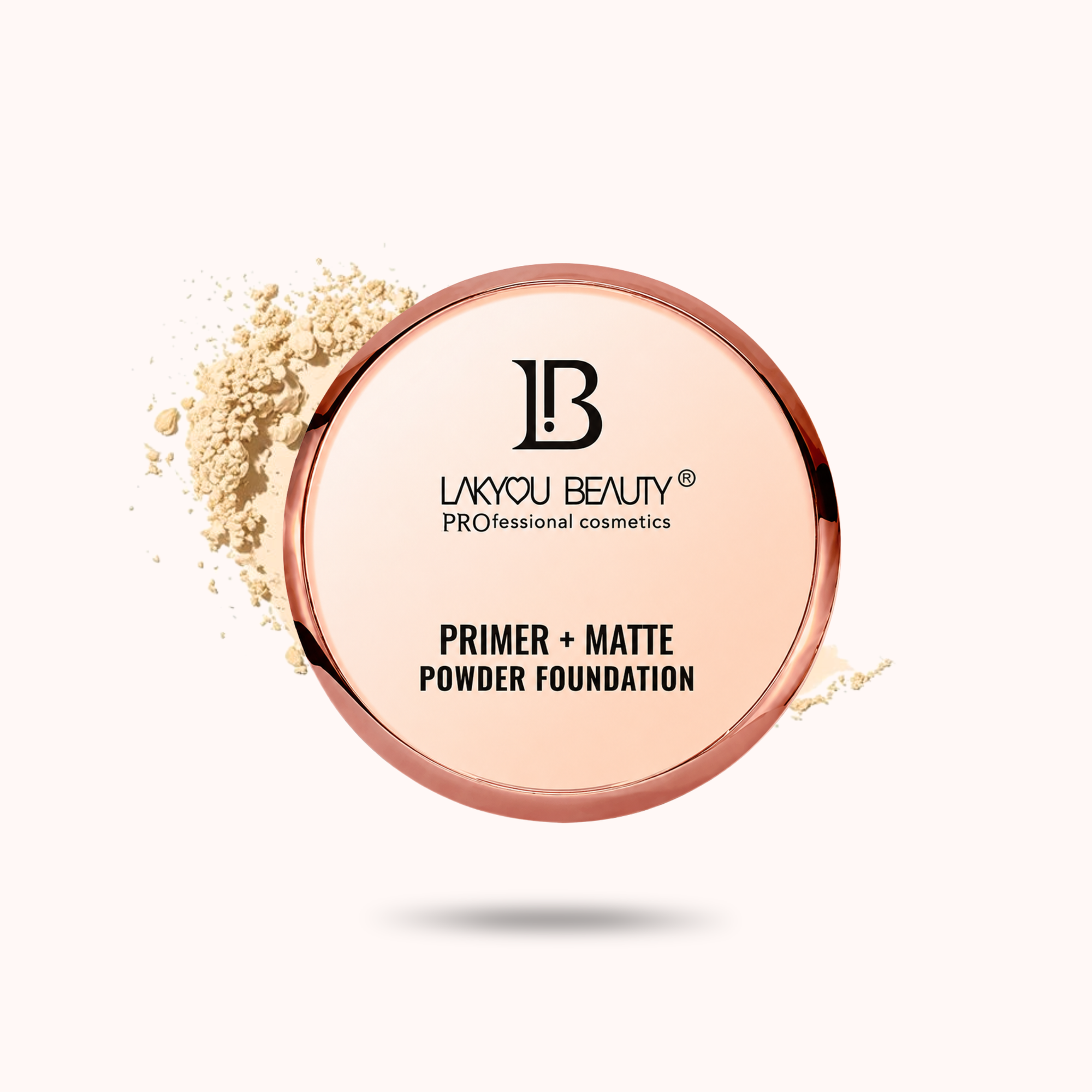 A round compact of Layou Beauty Primer + Matte Powder Foundation with a rose gold metallic rim and black text, shown on a pale pink background with a light beige powder smear behind it.