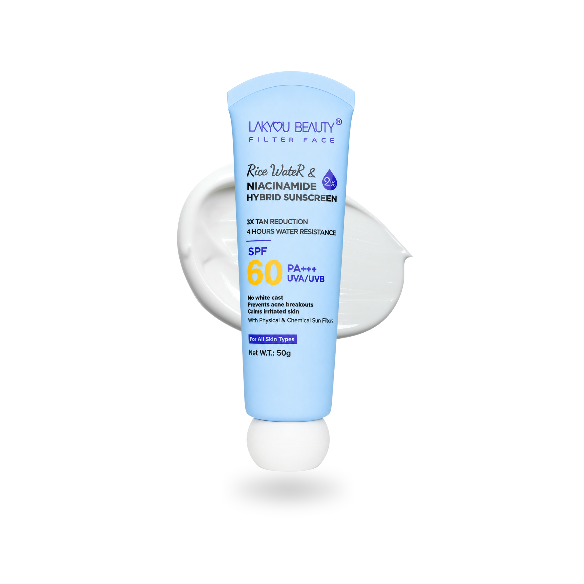 Lakyou Beauty  Rice Water Sunscreen SPF 60 PA+++ | 2% Niacinamide & Hyorid sunscreen